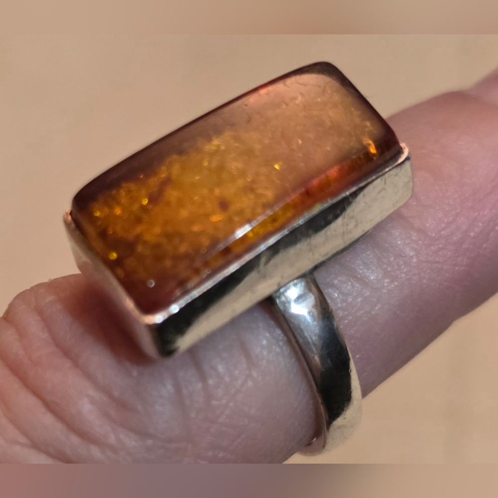 Sterling Silver Amber Rectangle Ring - Orange Gemstone